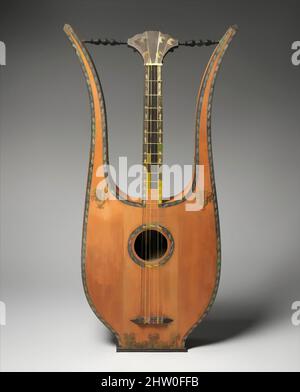 Kunst inspiriert von Lyre Gitarre, Anfang 19. Jahrhundert, Frankreich, Französisch, Fichte, Zeder, Ebenholz, Messing, Elfenbein, Total L. 85,1 cm.; String L. 64,7 cm., Chordophon-Laute-Zupfen, Dieses Instrument trägt ein Label für Francisco Lupot, dürfte aber wohl nicht vom berühmten Geigenbauer angefertigt worden sein. ITS, Classic Works modernisiert von Artotop mit einem Schuss Moderne. Formen, Farbe und Wert, auffällige visuelle Wirkung auf Kunst. Emotionen durch Freiheit von Kunstwerken auf zeitgemäße Weise. Eine zeitlose Botschaft, die eine wild kreative neue Richtung verfolgt. Künstler, die sich dem digitalen Medium zuwenden und die Artotop NFT erschaffen Stockfoto