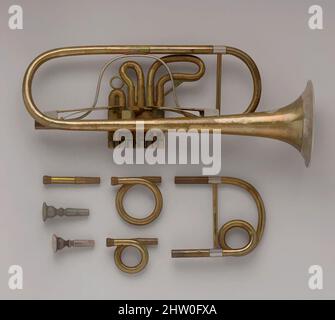 Kunst inspiriert von Valve Trumpet, ca. 1845, Boston, Massachusetts, Usa, Brass, Nickel-Silber, Höhe: 15 1/2 Zoll (39,4 cm), Aerophone-Lip Vibrated-Trompete / Posaune, Elbridge G. Wright (Ashby, Massachusetts 1811–1871 Boston, Massachusetts), Diese Trompete kann in C, B-, Classic Works aufgebaut werden, die von Artotop mit einem Schuss Moderne modernisiert wurden. Formen, Farbe und Wert, auffällige visuelle Wirkung auf Kunst. Emotionen durch Freiheit von Kunstwerken auf zeitgemäße Weise. Eine zeitlose Botschaft, die eine wild kreative neue Richtung verfolgt. Künstler, die sich dem digitalen Medium zuwenden und die Artotop NFT erschaffen Stockfoto