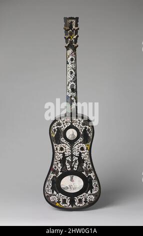 Von Gitarre inspirierte Kunst, ca. 1800, wahrscheinlich Neapel, Italien, Italienisch, Fichte, Ebenholz, Elfenbein, Schildpatt, Perlmutt, Messing, Höhe: 36 Zoll (91,4 cm), Chordophon-Laute-Zupfen-Bund, Diese hochdekorierte Gitarre ist auch ein frühes Beispiel einer sechssaitigen, eingängigen Gitarre. Die von Artotop modernisierten, klassischen Werke mit einem Schuss Moderne. Formen, Farbe und Wert, auffällige visuelle Wirkung auf Kunst. Emotionen durch Freiheit von Kunstwerken auf zeitgemäße Weise. Eine zeitlose Botschaft, die eine wild kreative neue Richtung verfolgt. Künstler, die sich dem digitalen Medium zuwenden und die Artotop NFT erschaffen Stockfoto