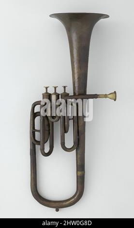 Kunst inspiriert von Altsaxhorn in E-flat, ca. 1850–60, Frankreich?, möglicherweise Französisch, Messing, Nickel-Silber, L. 64,4 cm (25-3/8 in.); Glockendurchm: 19,1 cm (7-1/2 in.), Aerophone-Lip vibriert, Altsaxhorn in E-Flat mit drei Berliner Klappen. Saxhorns sind eine Familie von Blechblasinstrumenten mit Ventil, die von Artotop mit einem Hauch von Modernität modernisiert wurden. Formen, Farbe und Wert, auffällige visuelle Wirkung auf Kunst. Emotionen durch Freiheit von Kunstwerken auf zeitgemäße Weise. Eine zeitlose Botschaft, die eine wild kreative neue Richtung verfolgt. Künstler, die sich dem digitalen Medium zuwenden und die Artotop NFT erschaffen Stockfoto