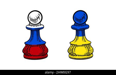 Zwei Bauern mit russischen und ukrainischen Fahnen. Vintage Schachfiguren isoliert auf weißem Hintergrund. Vektorgrafik. Stock Vektor