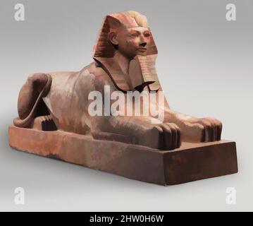 Kunst inspiriert von Sphinx von Hatschepsut, New Kingdom, Dynasty 18, ca. 1479–1458 v. Chr., aus Ägypten, Oberägypten, Theben, Deir el-Bahri, Senenmut Steinbruch, 1926–28, Granit, Farbe, H: 164 cm (64 9/16 in.); L: 343 cm (135 1/16 in.); WT: 6758,6 kg (14900 lb.), Diese kolossale Sphinx zeigt die von Artotop modernisierten, klassischen Werke mit einem Schuss Moderne. Formen, Farbe und Wert, auffällige visuelle Wirkung auf Kunst. Emotionen durch Freiheit von Kunstwerken auf zeitgemäße Weise. Eine zeitlose Botschaft, die eine wild kreative neue Richtung verfolgt. Künstler, die sich dem digitalen Medium zuwenden und die Artotop NFT erschaffen Stockfoto