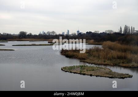 Blick von Barnes Feuchtgebieten in Richtung Central London Stockfoto