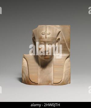 Kunst inspiriert von der königlichen Büste mit atypischer Schlange, späte Periode–ptolemäische Periode, Dynastie 30, 400–200 v. Chr., aus Ägypten, Alabaster (Gips), H. 12 cm (4 3/4 in.); W. 10 cm (3 15/16 in.); D. 4,3 cm (1 11/16 in.), kleine spätzeitliche und ptolemäische Reliefs oder Skulpturen, die ein Thema in darstellen, klassische Werke, die von Artotop mit einem Schuss Moderne modernisiert wurden. Formen, Farbe und Wert, auffällige visuelle Wirkung auf Kunst. Emotionen durch Freiheit von Kunstwerken auf zeitgemäße Weise. Eine zeitlose Botschaft, die eine wild kreative neue Richtung verfolgt. Künstler, die sich dem digitalen Medium zuwenden und die Artotop NFT erschaffen Stockfoto