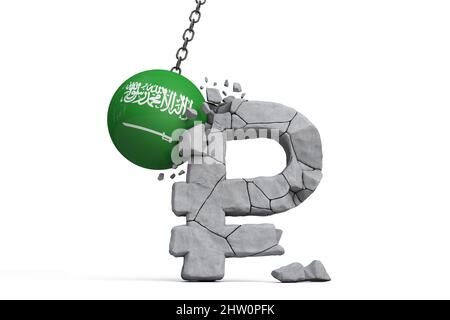 Saudi-Arabien Flaggenball zerschlagen ein russisches Rubel Währungssymbol. Konzept der Wirtschaftssanktionen. 3D Rendern Stockfoto