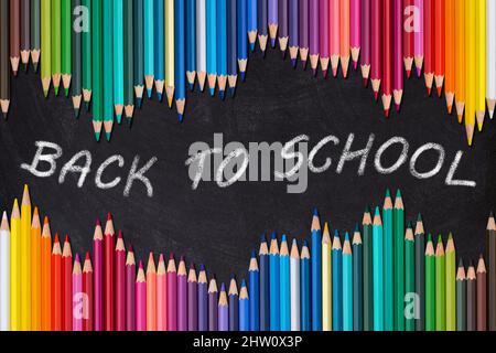 Wellenrand von bunten Holzstiften auf einer leeren Tafel, zurück zur Schule Konzept. Stockfoto