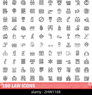 100 Symbole für Gesetze festgelegt. Skizzieren Sie die Darstellung von 100 Gesetzensymbolen, die auf weißem Hintergrund isoliert sind Stock Vektor