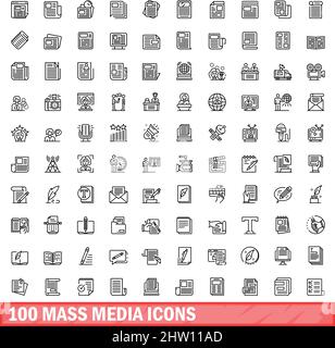 100 Symbole für Massenmedien eingestellt. Skizzieren Sie die Darstellung von 100 Symbolen für Massenmedien, die auf weißem Hintergrund isoliert sind Stock Vektor