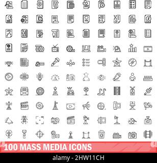 100 Symbole für Massenmedien eingestellt. Skizzieren Sie die Darstellung von 100 Symbolen für Massenmedien, die auf weißem Hintergrund isoliert sind Stock Vektor