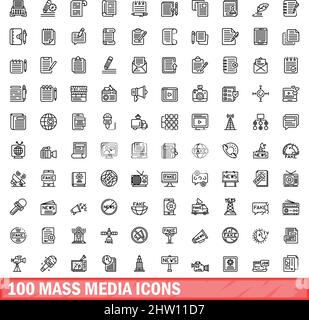 100 Symbole für Massenmedien eingestellt. Skizzieren Sie die Darstellung von 100 Symbolen für Massenmedien, die auf weißem Hintergrund isoliert sind Stock Vektor