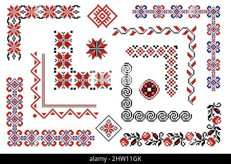 Satz von editierbaren ukrainischen traditionellen nahtlose ethnische Muster für Stickerei Stich. Vintage florale und geometrische Ornamente, Ecken, Elemente. Stock Vektor