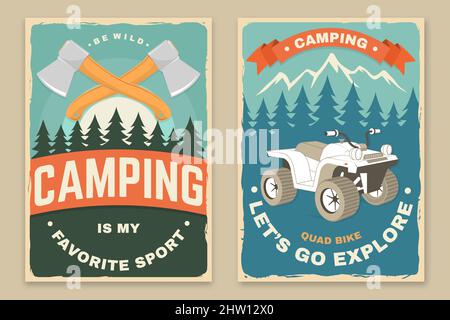 Set von Camping Retro-Plakaten. Vektorgrafik. Konzept für Hemd oder Logo, Print, Stempel, Aufnäher oder T-Shirt. Vintage Typografie Design mit Camping Zelt Stock Vektor