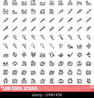 100 Werkzeugsymbole eingestellt. Skizzieren Sie die Darstellung von 100 Werkzeugsymbolen, die auf weißem Hintergrund isoliert sind Stock Vektor