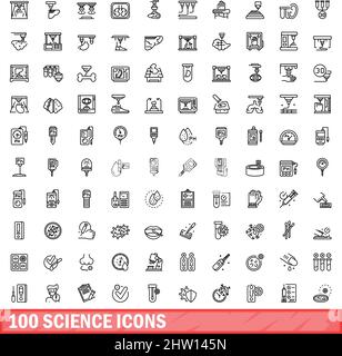 100 Wissenschaftssymbole eingestellt. Skizzieren Sie die Darstellung von 100 Wissenschaftssymbolen, die auf weißem Hintergrund isoliert sind Stock Vektor