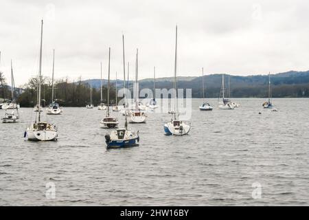 An einem kalten, bewölkten Tag haben viele Segelboote an einem kleinen Hafen vor den Toren von Bowness am Windermere Lake, Lake District, Großbritannien, festgemacht Stockfoto