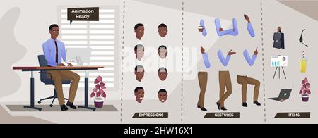 Stilvolles Geschäftsmann-Character-Set für Animation mit Mann sitzend und verschiedenen Körperteilen Stock Vektor