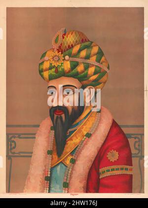 Kunst inspiriert von Portrait of a man with a Jeweled Turban, 1880s, Indien, Lithograph, Bild: 19 3/4 × 14 3/4 in. (50,2 × 37,5 cm), Drucke, von Artotop modernisierte Klassiker mit einem Schuss Moderne. Formen, Farbe und Wert, auffällige visuelle Wirkung auf Kunst. Emotionen durch Freiheit von Kunstwerken auf zeitgemäße Weise. Eine zeitlose Botschaft, die eine wild kreative neue Richtung verfolgt. Künstler, die sich dem digitalen Medium zuwenden und die Artotop NFT erschaffen Stockfoto