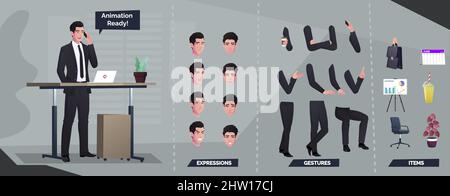 Business Character Set für Animation mit Mann stehend und verschiedenen separaten Körperteilen Vektor Illustration Stock Vektor
