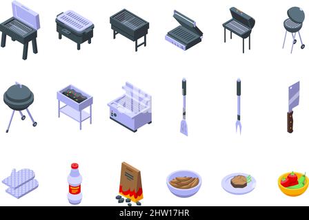 Grillsymbole legen den isometrischen Vektor fest. Rund kochen. Lebensmittelausrüstung Stock Vektor