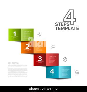 Vektor vier einfache bunte gefaltete Papier Schritte Fortschritt Vorlage mit Beschreibungen und Symbolen. Diagonal Set od gefaltete Papiere als vier Schritte des Verfahrens Stock Vektor