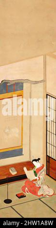 Kunst inspiriert von Kurtisane Lesen eines Briefes, 文を読む遊女図, Edo-Zeit (1615–1868), Mitte des 18.. Jahrhunderts, Japan, Hängende Schriftrolle; Tinte und Farbe auf Papier, Bild: 32 7/8 × 8 9/16 Zoll (83,5 × 21,7 cm), Gemälde, Ishikawa Toyonobu (japanisch, 1711–1785), die sitzenden Frauen in eleganten roten, mit Krawatten gefärbten Roben, Classic Works, modernisiert von Artotop mit einem Schuss Moderne. Formen, Farbe und Wert, auffällige visuelle Wirkung auf Kunst. Emotionen durch Freiheit von Kunstwerken auf zeitgemäße Weise. Eine zeitlose Botschaft, die eine wild kreative neue Richtung verfolgt. Künstler, die sich dem digitalen Medium zuwenden und die Artotop NFT erschaffen Stockfoto