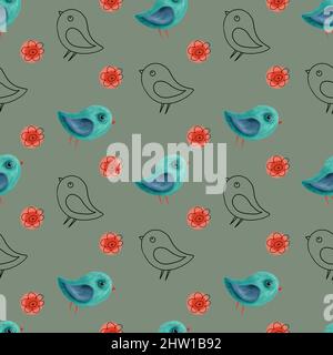 Nahtloses Vogelmuster, farbenfroher Hintergrund, Blauer Vogeldruck, Salbei grüne Fauna Tapete, moderner Druck für Textil, Geschenkpapier, Scrapbooking Stockfoto