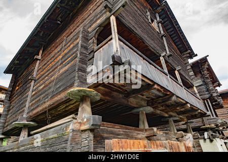 Schweiz, Kanton Wallis, M?nster-Geschinen, traditionelle Chalets aus altem geschwärztem Lärchenholz, auf Stelzen platziert, um den Schnee zu überwinden und den Boden von Ratten zu isolieren, mit ausgewogenen flachen Steinen Stockfoto