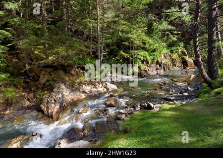 Frankreich, Hautes Pyrenees, Saint Lary Soulan, Rioumajou Tal, Schwimmen im Fluss Neste de Rioumajou Stockfoto