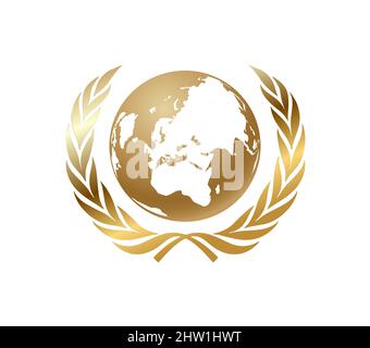Illustration für den Goldenen Globus. Goldene Kugel mit Lorbeerkranz. Stock Vektor