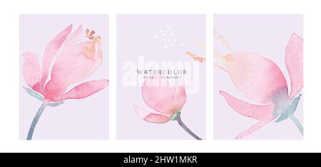 Abstrakter Aquarell-Hintergrund in rosa und blauen Pastellfarben. Minimal Stil botanische Tapete mit Blumen. Aquarell organische Formen Stock Vektor