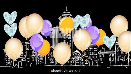 Digitales Bild von mehreren bunten Ballons schweben über Stadt Zeichnung vor schwarzem Hintergrund Stockfoto