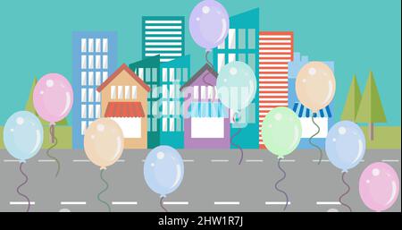 Digitales Bild mehrerer farbenfroher Ballons, die im Hintergrund über der Stadtlandschaft schweben Stockfoto