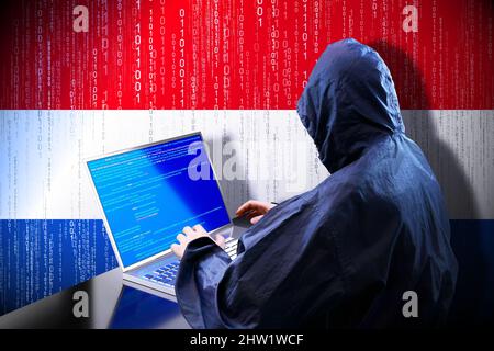 Anonymer kapuzter Hacker, Flagge der Niederlande, Binärcode - Cyberangriffskonzept Stockfoto