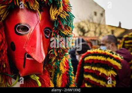 Ein Caretho durchläuft die Menge, bevor er die Parade des Podencarnevals beginnt. Im portugiesischen Dorf Podence, in der Gemeinde Macedo de Cavaleiros, tragen Männer während des Karnevals die traditionelle Tracht, bekannt als "Caretos", tragen Messing- oder Holzmasken und tragen bunte Wollkostüme. Sie schreien und jagen Menschen auf den Straßen, um sie zu verjagen, insbesondere alleinstehende Frauen. Caretos de Podence wurde am 2019. Dezember von der UNESCO zum immateriellen Kulturerbe der Menschheit erklärt. Das Ereignis endet mit der Verbrennung von Entrudo (einem riesigen Caretho). Stockfoto