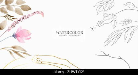 Abstrakter Aquarell-Kunsthintergrund in Rosa, Graphit und Goldpastellfarben. Minimal Stil botanische Tapete mit Blumen und Blättern, Aquarell Stock Vektor