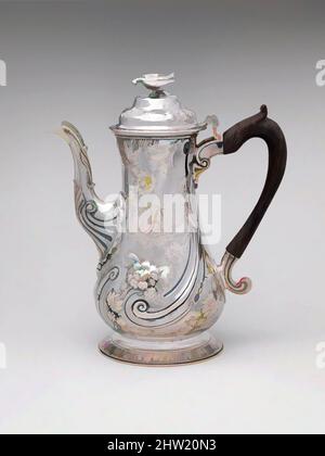 Kunst inspiriert von Coffeepot, 1761–62, hergestellt in London, England, Silber, 9 5/16 x 8 x 4 3/8 Zoll (23,7 x 20,3 x 11,1 cm); 26 oz. 2 dwt. (811,5 g), Silver, Robert Peaston (britisch, aktiv 1756–66), William Peaston (britisch, Active 1746–78), der New Yorker Silberschmied Myer Myers Made, Classic Works modernisiert von Artotop mit einem Schuss Moderne. Formen, Farbe und Wert, auffällige visuelle Wirkung auf Kunst. Emotionen durch Freiheit von Kunstwerken auf zeitgemäße Weise. Eine zeitlose Botschaft, die eine wild kreative neue Richtung verfolgt. Künstler, die sich dem digitalen Medium zuwenden und die Artotop NFT erschaffen Stockfoto