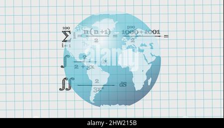 Bild des Globus über mathematischen Gleichungen in der Schule Notebook Stockfoto