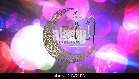 Bild von eid mubarak Logo und Text über leuchtenden Lichtern Stockfoto