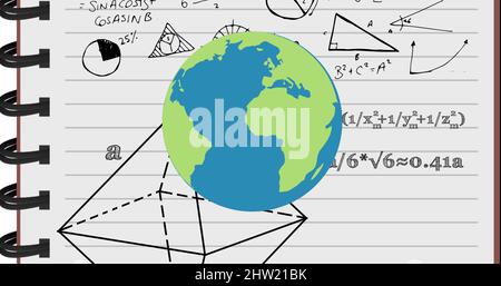 Bild des Globus über mathematischen Gleichungen in der Schule Notebook Stockfoto