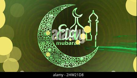 Bild von eid mubarak Logo und Text über leuchtenden Lichtern Stockfoto