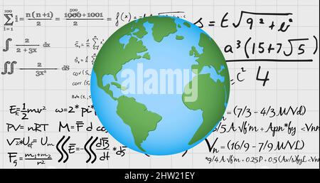 Bild des Globus über mathematischen Gleichungen in der Schule Notebook Stockfoto