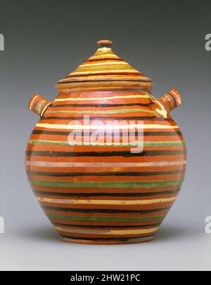 Kunst inspiriert von Sugar Pot, 1820–40, hergestellt in Alamance, North Carolina, USA, Amerikanisch, Steingut mit Slip-Dekoration, H. 12 3/4 Zoll (32,4 cm); Durchm. 10 Zoll (25,4 cm), Keramik, Dies ist eines von einer kleinen Gruppe von unverwechselbaren Gefäßen aus dem zentralen Piemont Region des Nordens, Klassische Werke modernisiert von Artotop mit einem Schuss Moderne. Formen, Farbe und Wert, auffällige visuelle Wirkung auf Kunst. Emotionen durch Freiheit von Kunstwerken auf zeitgemäße Weise. Eine zeitlose Botschaft, die eine wild kreative neue Richtung verfolgt. Künstler, die sich dem digitalen Medium zuwenden und die Artotop NFT erschaffen Stockfoto