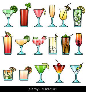 Beliebte bunte Alkohol Cocktail Gläser Icon Set für Menü, Party, Branding, Web, App-Design Cartoon-Stil. Vektorgrafik Stock Vektor