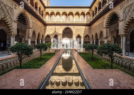 Innenhof Patio de las Doncellas, Königspalast Alcázar, Sevilla Andalusien, Spanien | Innenhof Patio de las Doncellas, der Königliche Alcázar von Sevill Stockfoto