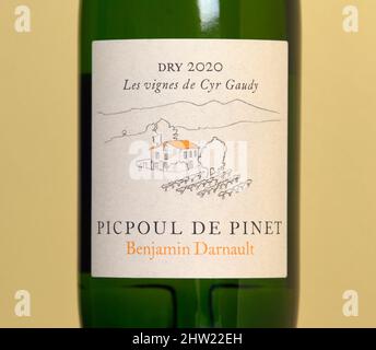 Weinetikett. Benjamin Darnault. Picpoul De Pinet. Trocken 2020. Les vignes de Cyr Gaudy. Stockfoto