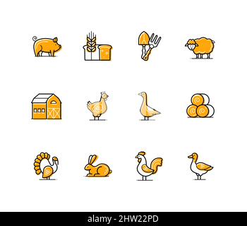 Farm Cattle - Moderne Linie Design Stil Symbole mit editierbaren Strich gesetzt. Landleben, Viehzucht und Vogelzucht. Schwein, eigenes Brot, Schafe, Scheune, Huhn Stock Vektor