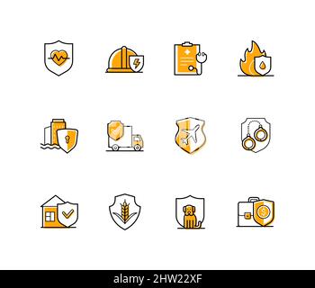 Schutz und Versicherung - modernes Liniendesign Stil Symbole mit editierbaren Strich gesetzt. Benefits-Paket, Helm, Schutz gegen Feuerschutz, Fracht tra Stock Vektor