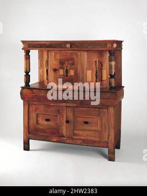 Von Cupboard inspirierte Kunst, 1670–1700, hergestellt in Guilford, Connecticut, USA, Amerikaner, Weiße Eiche, rote Eiche, Kastanie, Hickory, Rote Zeder, 56 1/2 x 49 1/2 x 21 Zoll (143,5 x 125,7 x 53,3 cm), Möbel, frühkoloniale Schränke wurden normalerweise aus zwei Teilen gebaut, mit einem oder beiden, Classic Works modernisiert von Artotop mit einem Schuss Moderne. Formen, Farbe und Wert, auffällige visuelle Wirkung auf Kunst. Emotionen durch Freiheit von Kunstwerken auf zeitgemäße Weise. Eine zeitlose Botschaft, die eine wild kreative neue Richtung verfolgt. Künstler, die sich dem digitalen Medium zuwenden und die Artotop NFT erschaffen Stockfoto