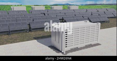 Ein modernes Solarfeld mit Batteriespeicher in der wilden Natur, Abbildung 3D Stockfoto