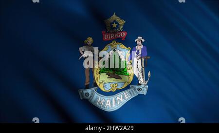 Abstrakte Animation der Maine-State Flagge, die im Wind winkt. Die Flagge des Staates Maine zeigt das Staatswappen von Maine auf einem blauen Feld. Stockfoto